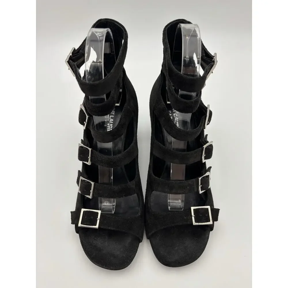 Saint Laurent Suede Gladiator Sandals Black Suede Size 37.5 / 7.5 Buckles - Picture 16 of 16